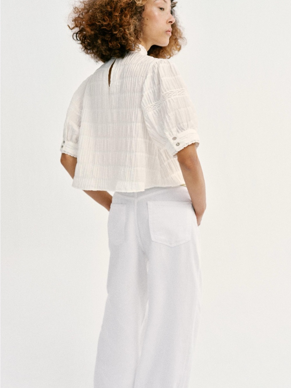 Zara Cream Lace-Panel Short Puff Sleeve Blouse - Picture 4 of 5